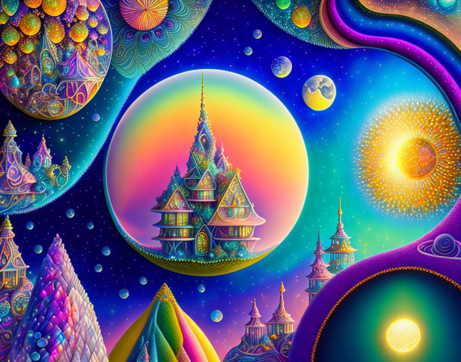 Colorful whimsical landscape with cosmic swirls & bright celestial bodies