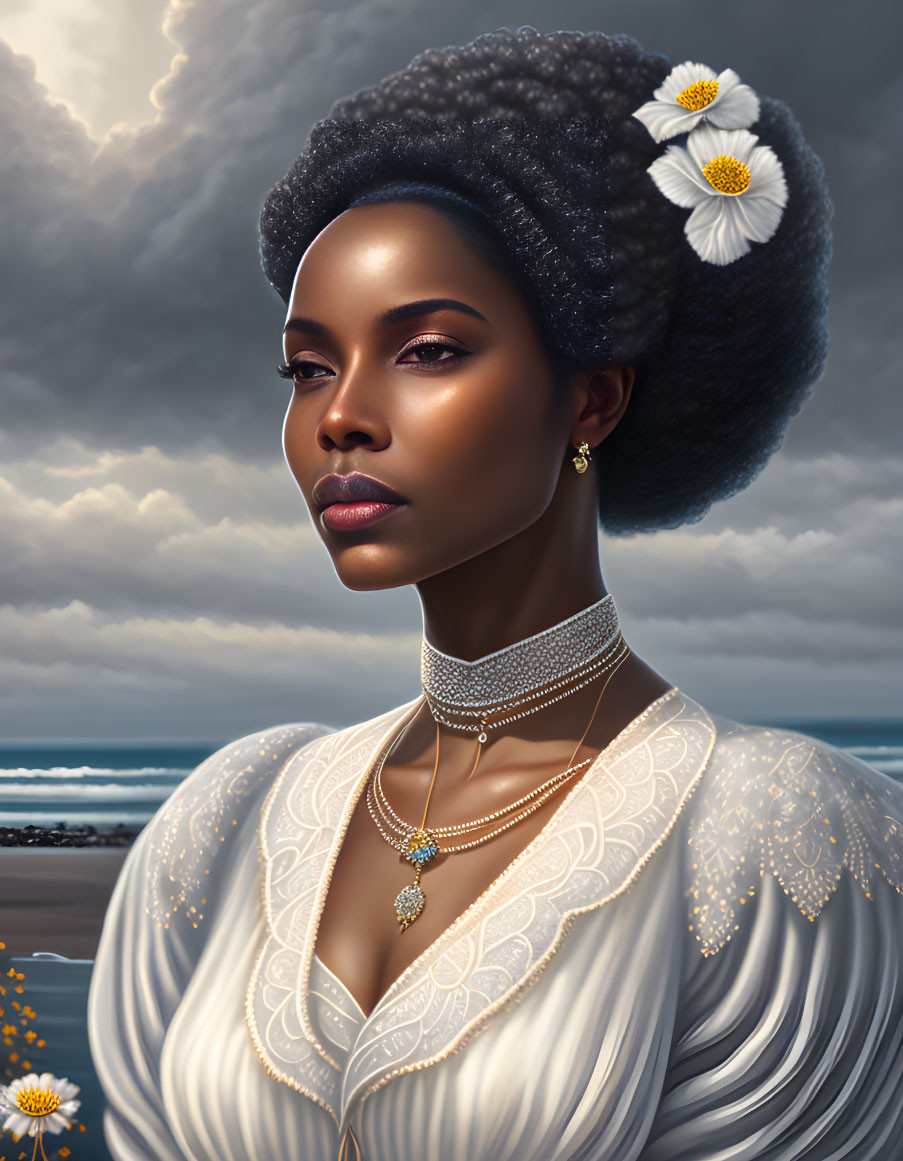 Woman with white flowers in hair and beaded choker against dramatic sky and sea.