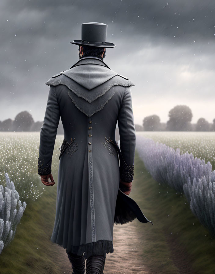 Man in vintage coat and top hat walking in lavender fields under snowflakes