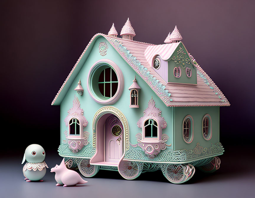 Pastel blue and pink fantasy house with bird and piglet figurines