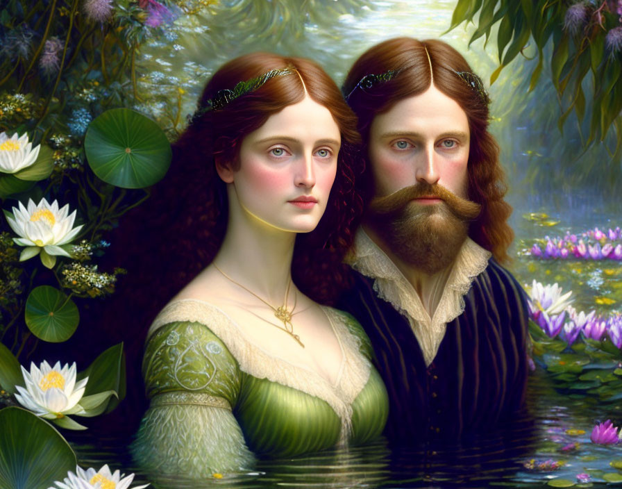 Serene man and woman in lush Pre-Raphaelite scene