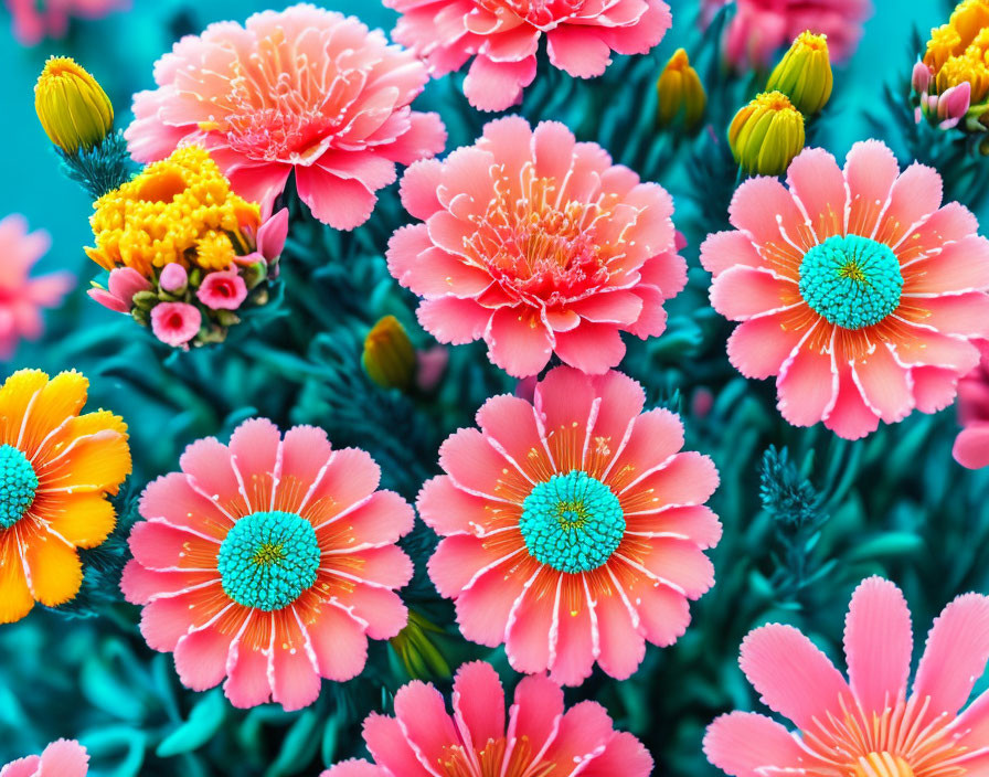 Colorful Flowers with Blue Centers and Yellow Tips on Turquoise Background