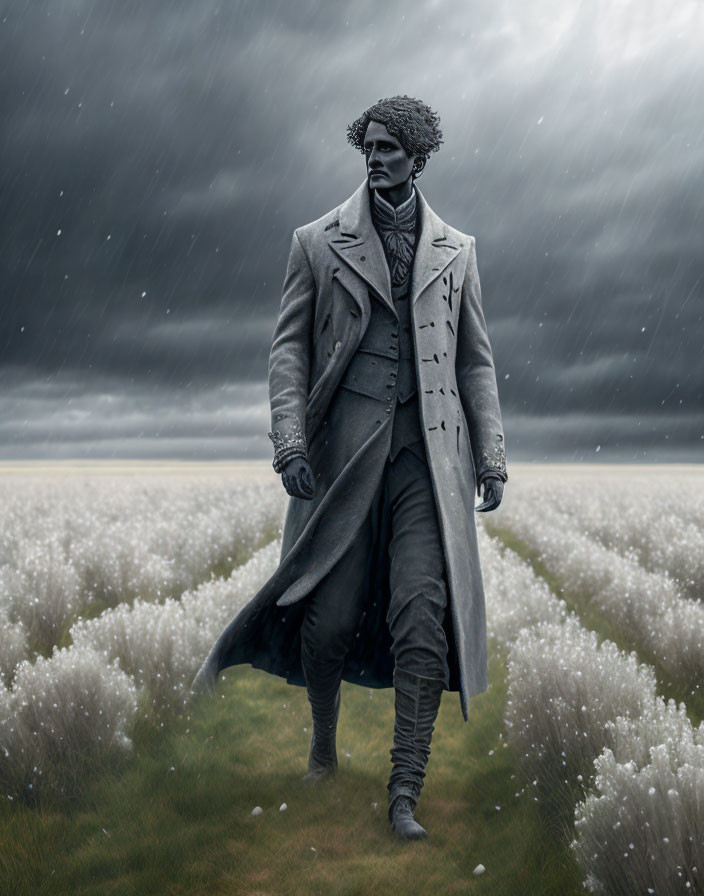 Historical figure statue in field of white flowers under stormy sky