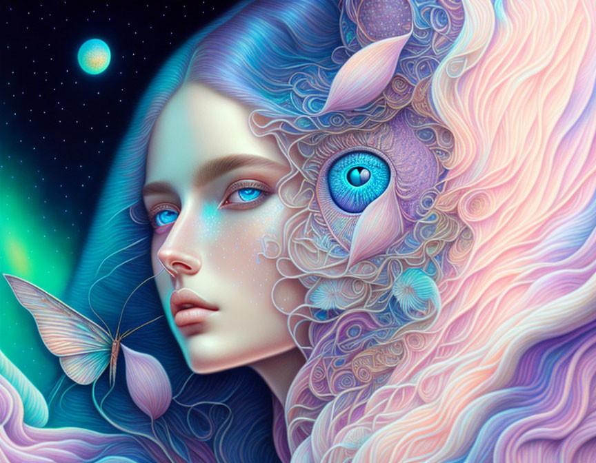 Surreal female figure with vibrant blue eyes and swirling pastel hair in starry setting