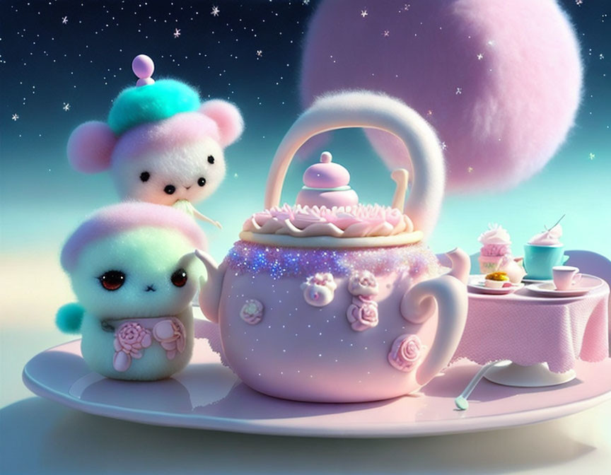 Whimsical pastel creatures tea party under starry sky