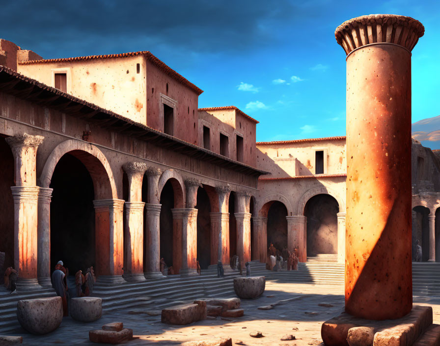 Ancient Roman courtyard with columns, arches, pottery, and blue sky