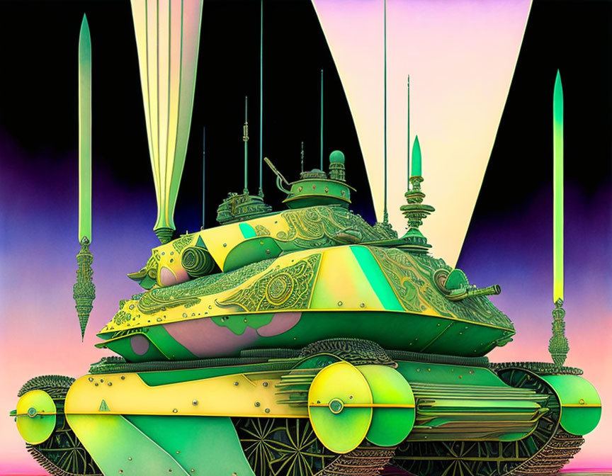 Fantasy tank illustration with elaborate designs on gradient sky