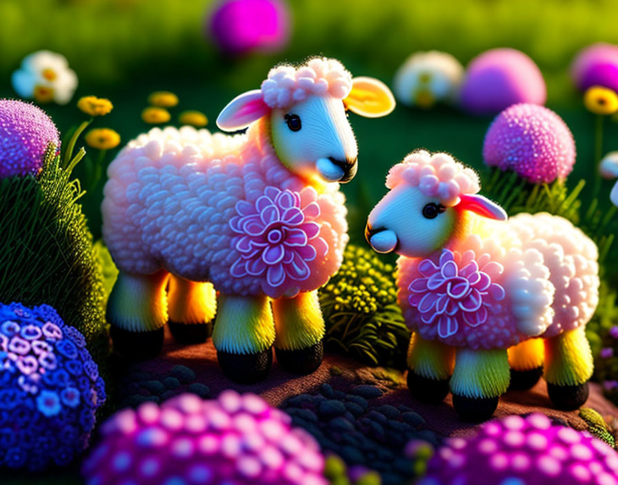 Vibrant digital illustration of two sheep surrounded by flowers and Easter eggs