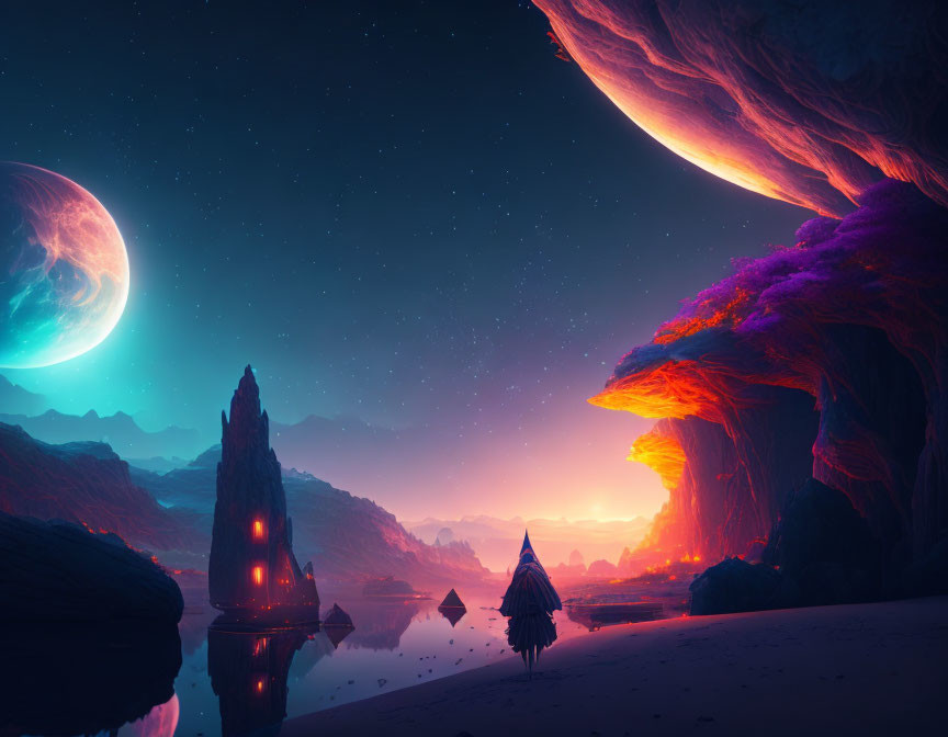 Fantastical landscape with glowing rock formations and serene lake under twilight sky