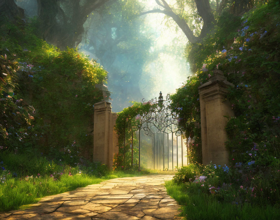 Verdant garden path under sunlight with wrought-iron gate