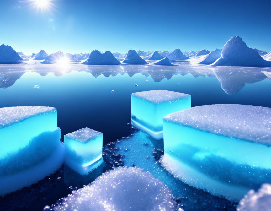 Serene Polar Landscape with Blue Icebergs on Calm Sea