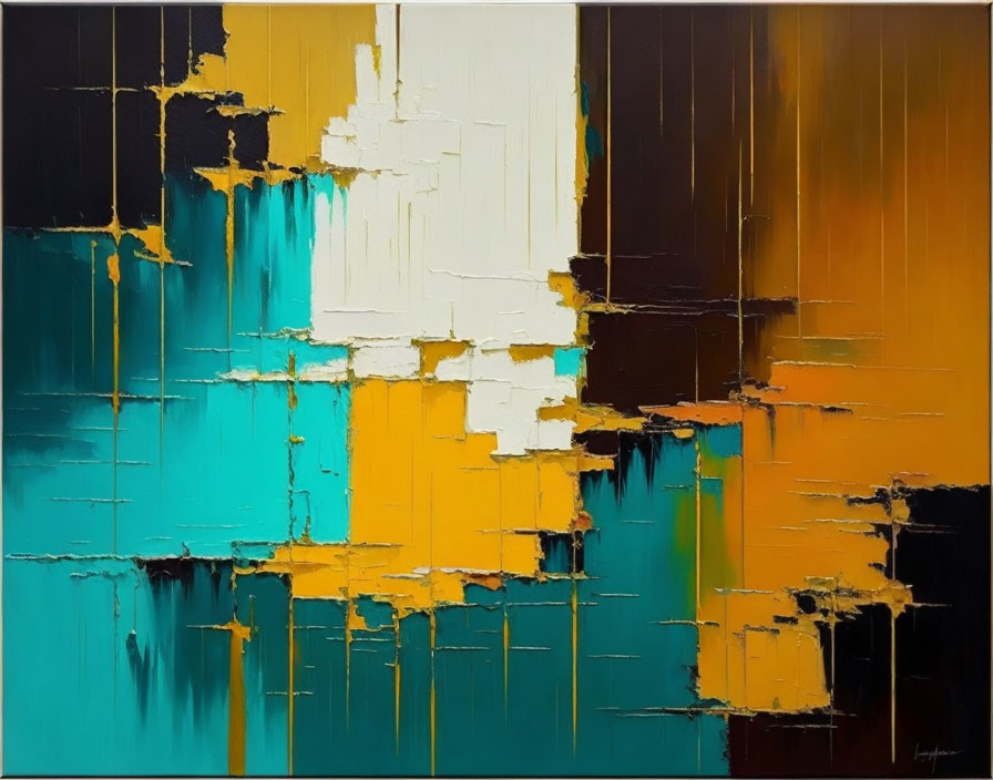 Abstract Painting with Teal, White, Gold, Brown Blocks & Bold Black Lines