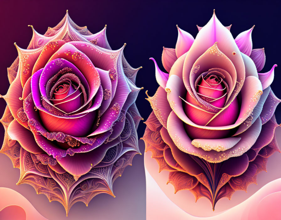 Digitally-enhanced vibrant roses with dewdrops on petals against a two-tone background: fantastical and