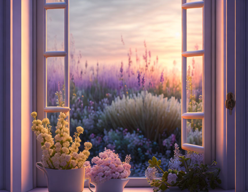 Purple sunset sky view from window with white and pink flowers