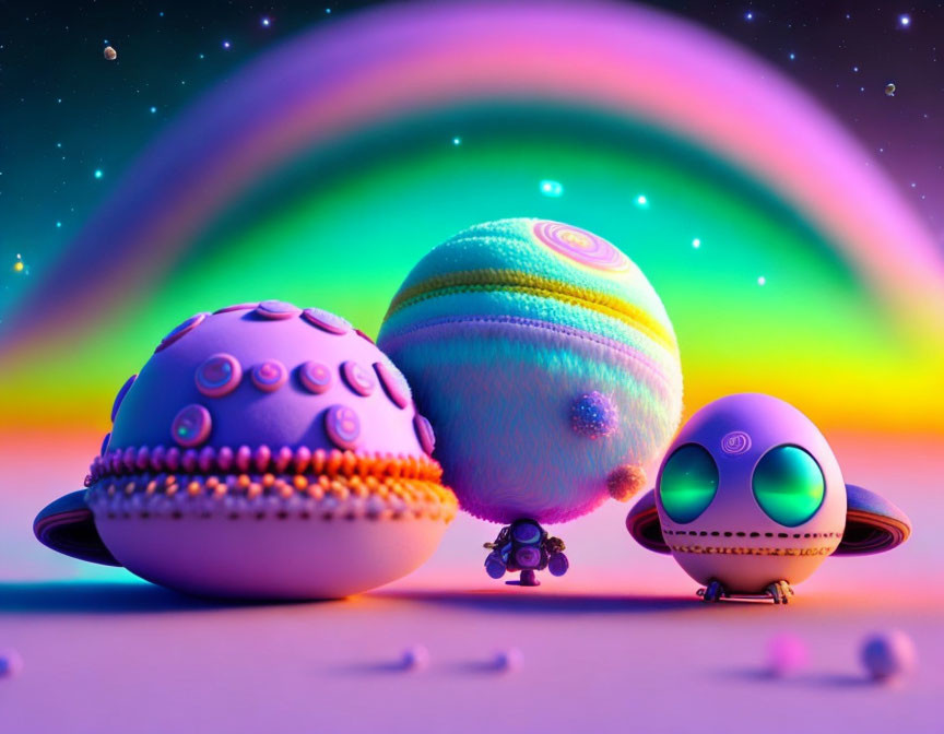 Colorful Digital Artwork: Stylized Planets, Aurora Sky, Cute Robot