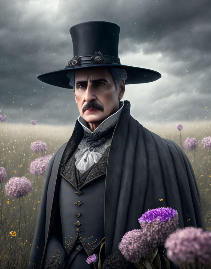 19th-Century Man in Formal Attire Standing in Field with Purple Flowers