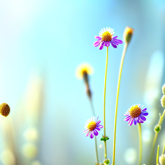 Vibrant purple wildflowers with yellow centers against a blue sky