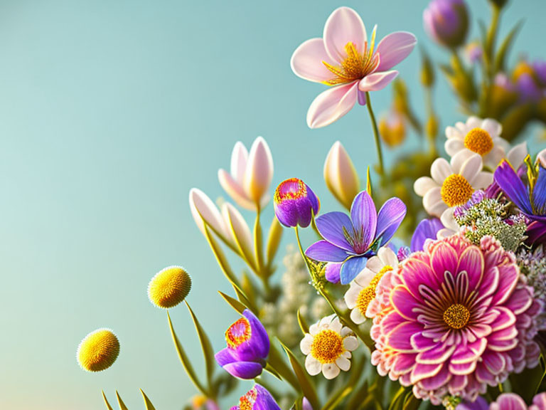 Colorful Flower Bouquet on Soft Blue Background