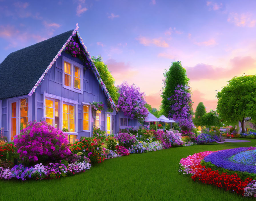 Blue Thatch Roof Cottage Surrounded by Blooming Garden at Twilight