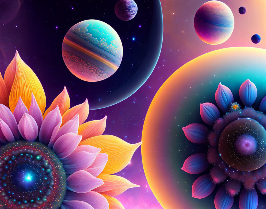 Colorful surreal cosmic scene with planets & flowers on starry nebula.