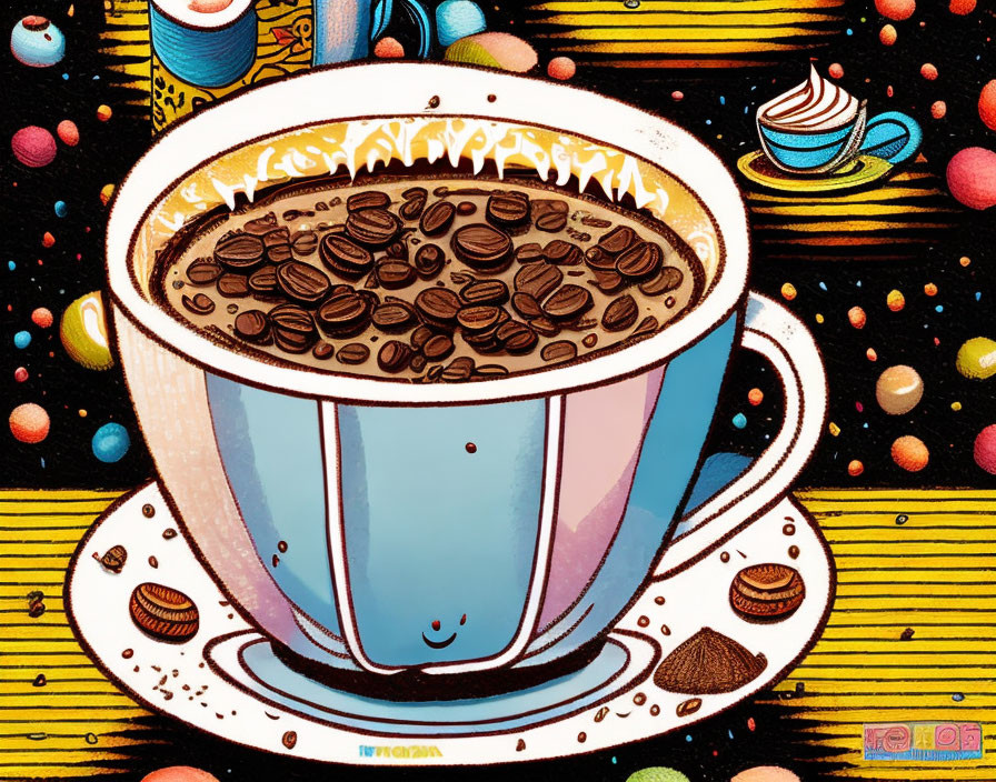 Vibrant coffee cup illustration with beans on saucer and candies