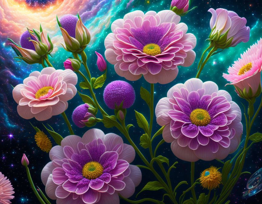 Colorful cosmic garden with pink and purple flowers in starry space setting