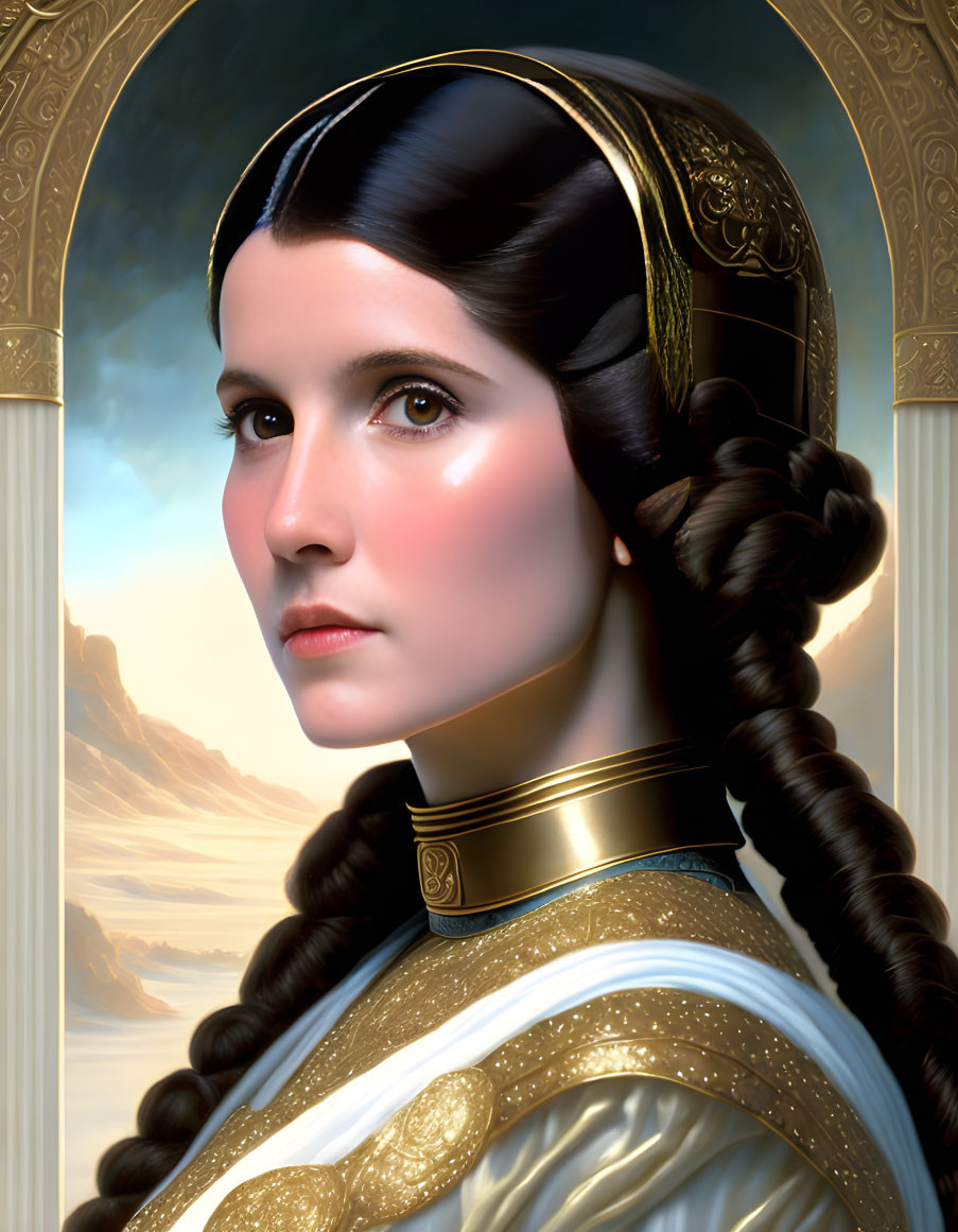 Elaborate Braided Hair Woman in Gold Armor Portrait