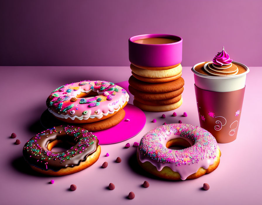 Assorted sweets on purple background: doughnuts, cookies, coffee, ice cream