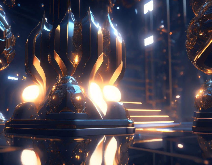 Glowing futuristic trophy in reflective, illuminated setting