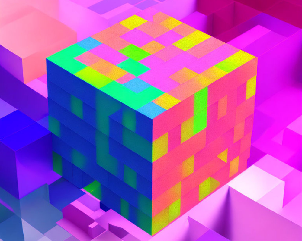 Vibrant 3D Cube with Pixelated Pattern on Reflective Surface