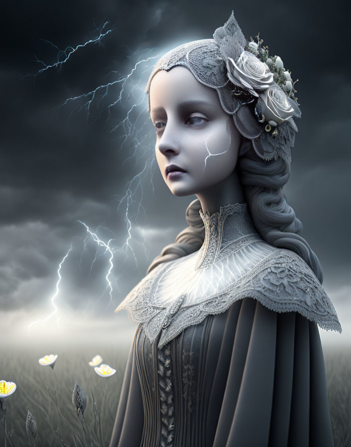 Gothic-style portrait of woman in Victorian gown under stormy skies