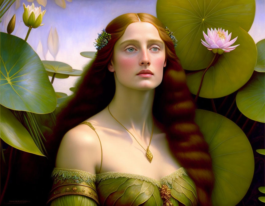 Woman with Auburn Hair in Green Dress Surrounded by Water Lilies