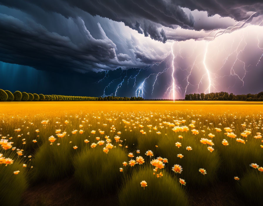 Dramatic thunderstorm with lightning strikes over blooming orange flowers