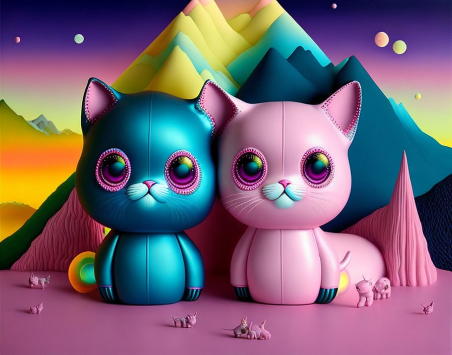 Stylized cartoon cats in blue and pink with colorful mountain landscape