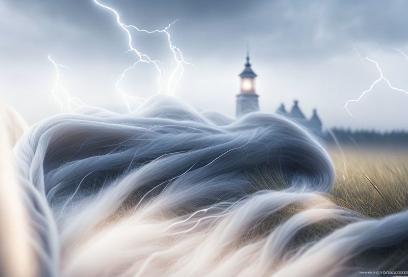 Ethereal scene: flowing white hair, stormy sky, distant lighthouse