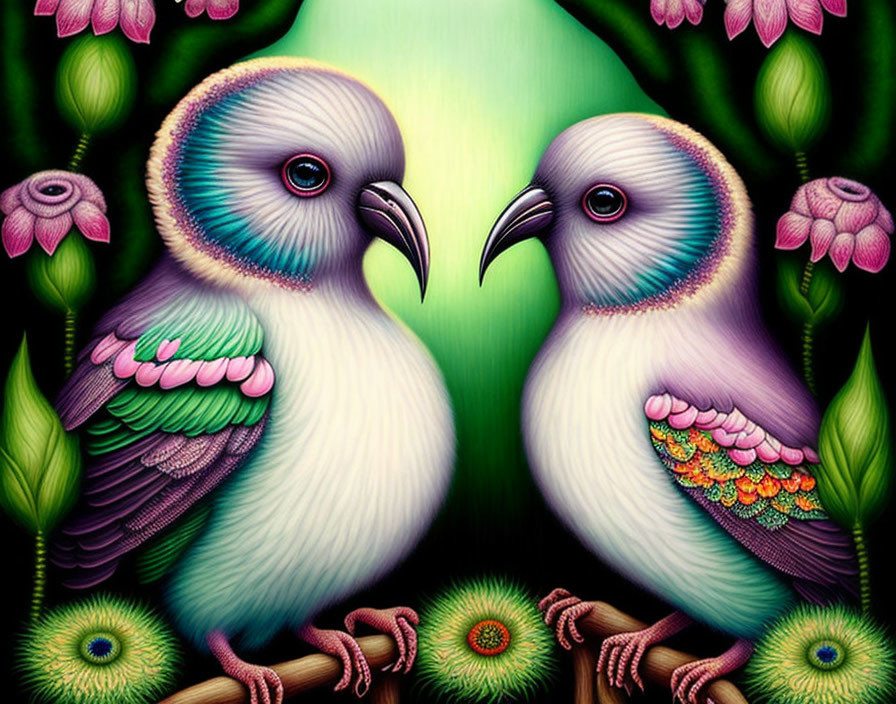 Colorful Stylized Birds Facing Each Other on Green Background