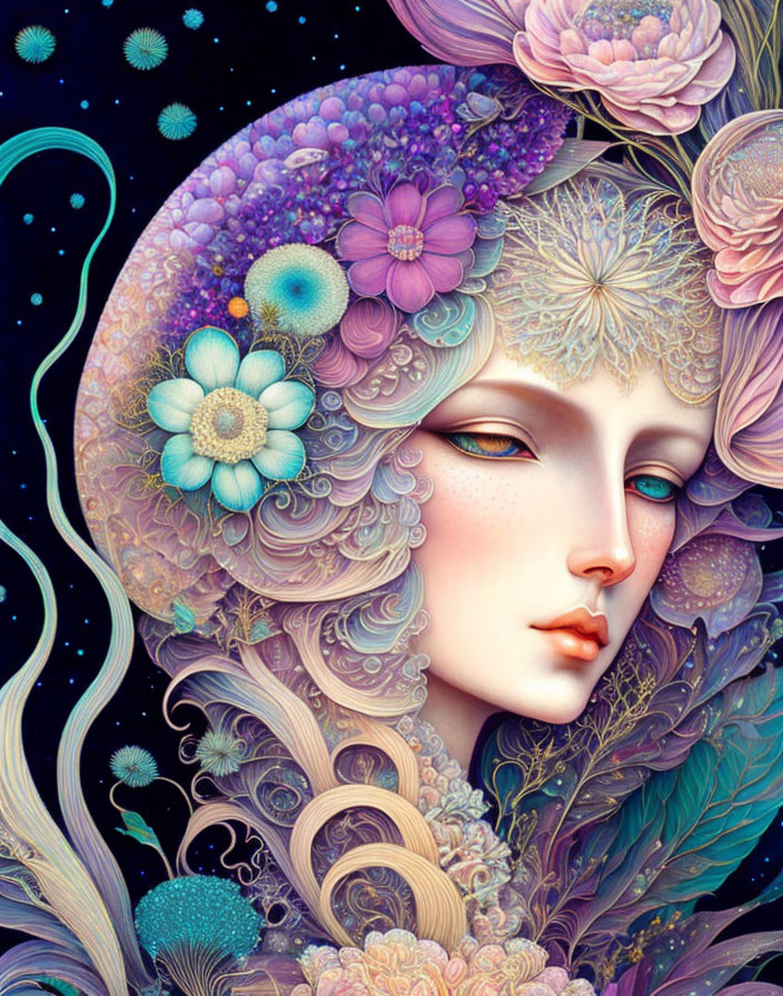 Vibrant surreal portrait of woman with floral and cosmic motifs