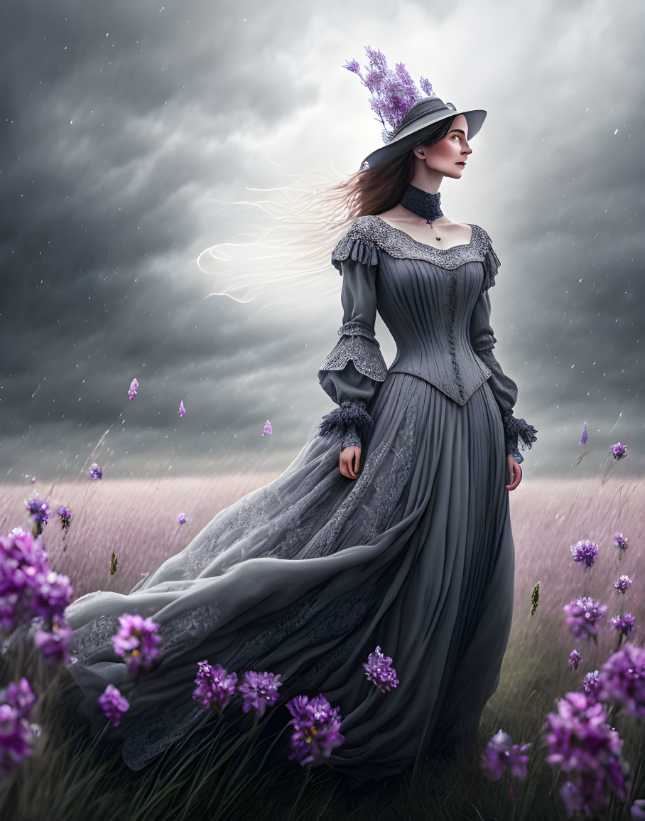 Woman in Vintage Grey Gown and Lavender Hat in Field of Purple Flowers Under Dramatic Cloudy