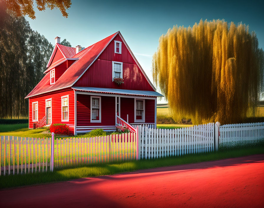 Red Cottage with White Trim and Picket Fence in Lush Greenery