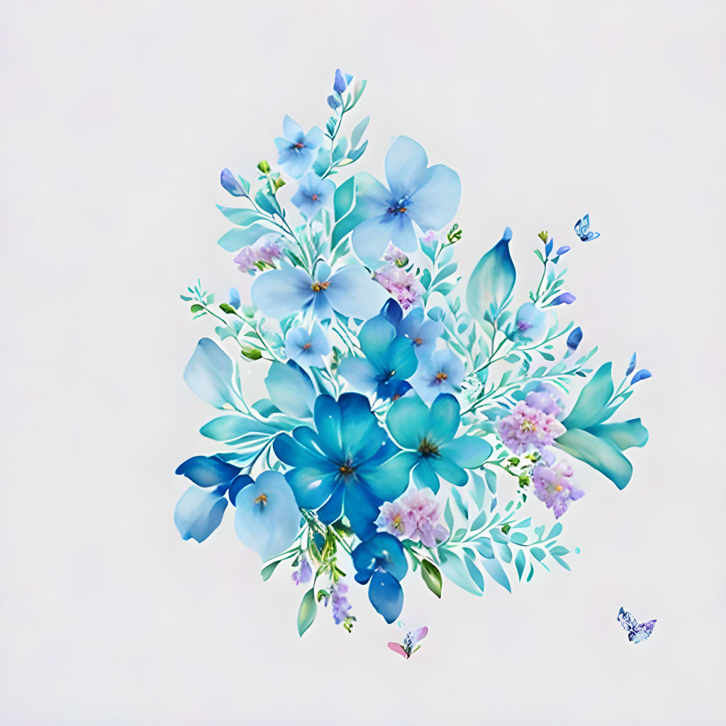 Colorful digital artwork of blue flowers, green leaves, purple accents, and butterflies on a neutral backdrop