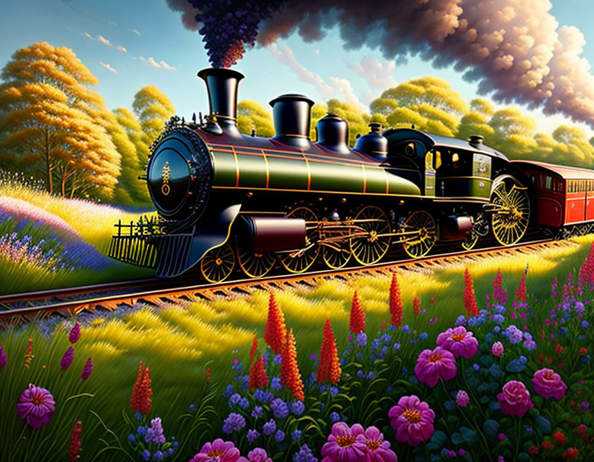 Detailed Vintage Steam Locomotive Illustration on Tracks in Nature