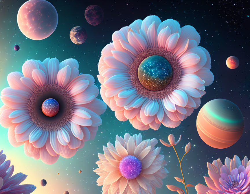 Vibrant cosmic landscape with surreal daisy-like flowers and colorful planets