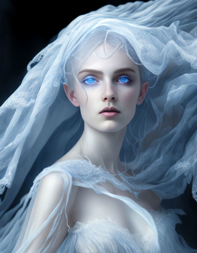 Pale Woman with Blue Eyes and White Hair in Sheer Fabric on Dark Background