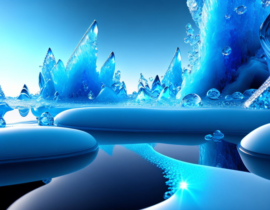 Tranquil digital art: Blue ice crystals and water droplets in serene landscape