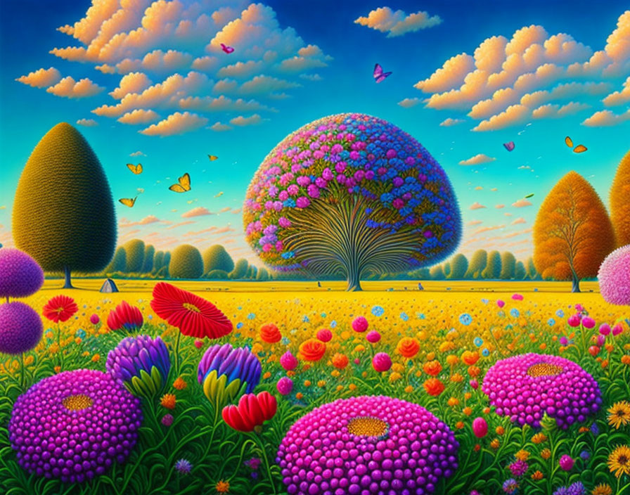 Colorful Oversize Flowers and Trees in Vibrant Landscape