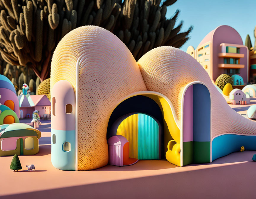 Vibrant 3D landscape: stylized buildings, pastel hues, soft textures, desert