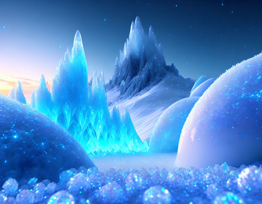 Digital Landscape: Luminescent Ice Formations, Snow-Covered Mountain, Starry Sky,