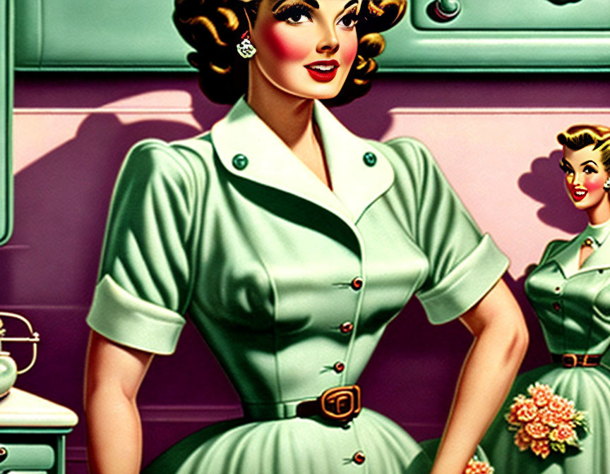 Vintage-style illustration of woman in green dress in retro kitchen