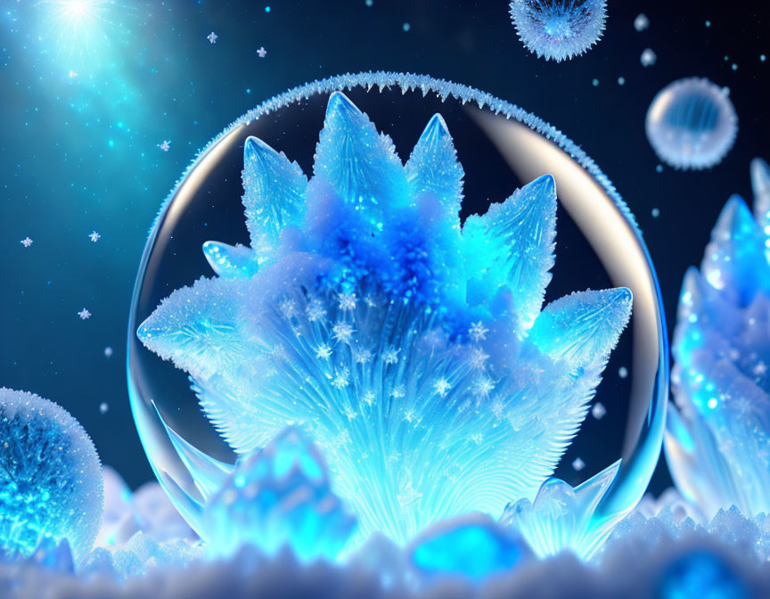 Blue Glowing Ice Crystals and Spheres in Cosmic Setting