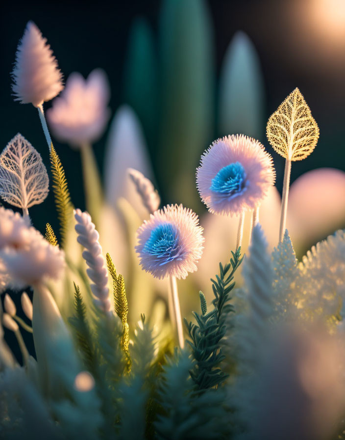 Detailed Close-Up of Delicate Flowers and Plants on Moody Background